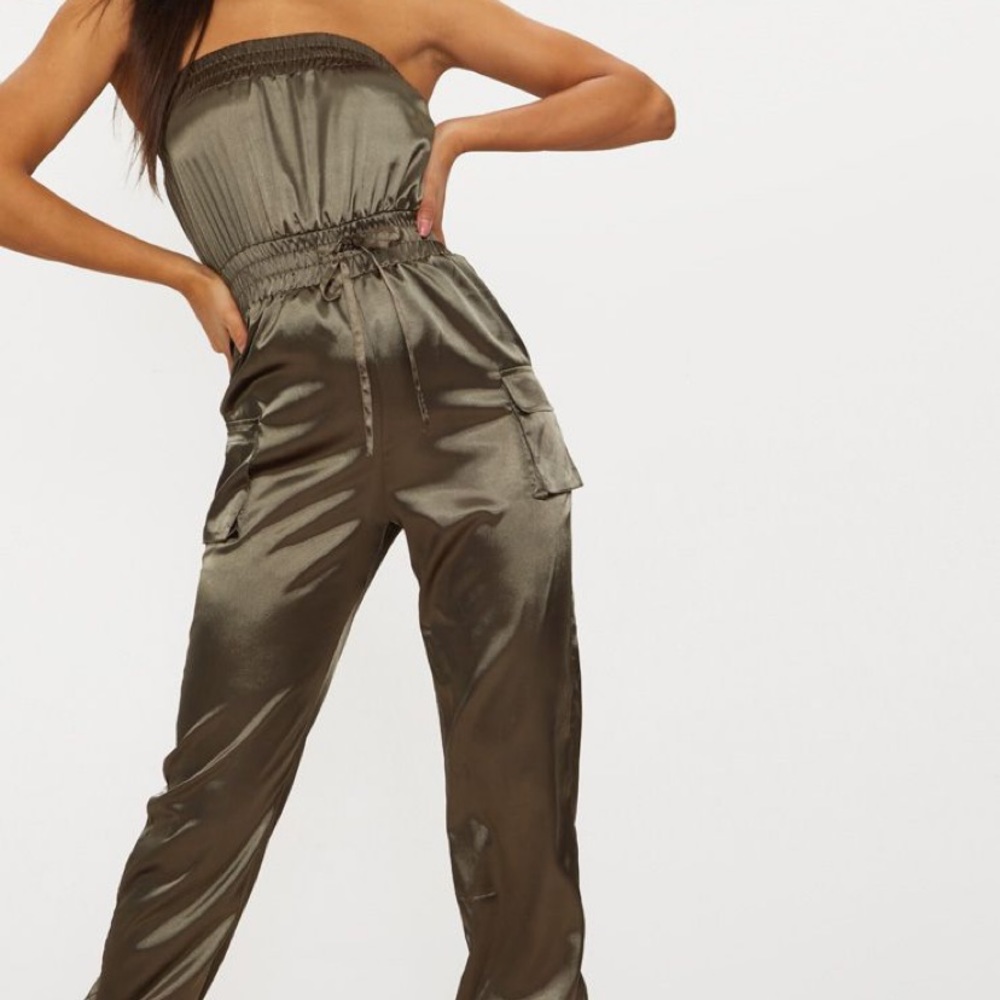Khaki Satin Bandeau Cuff Detail Jumpsuit